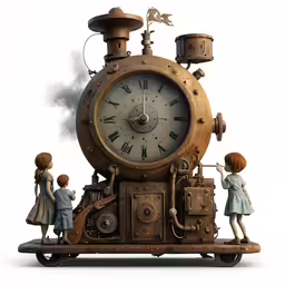 two children standing on top of an old fashioned train with a clock