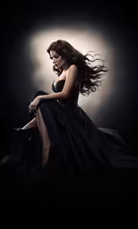 a young woman in a black dress is posed with her hair fluttering up