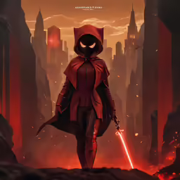 a man in a red costume with two lightsabers