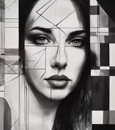 a woman with artistic makeup and lines on her face,a woman with big eyes is wearing abstract shapes