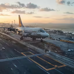 an airplane lands at the airport on a beautiful day