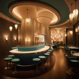a curved restaurant is decorated in a classic style