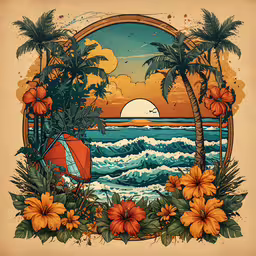 a sun rises over a beach and tropical trees,an illustration of an ocean and beach scene