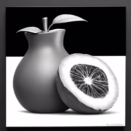 a photograph of an interesting vase with fruit