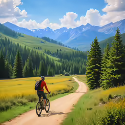 a man is biking down a road through a grassy field