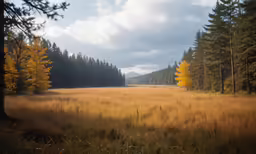 a view of a field from the inside of a forest