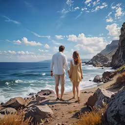the man and woman are walking on the beach