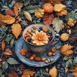 a cup filled with nuts and flowers sitting on top of a plate