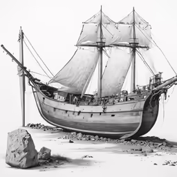 a large boat with sails that is sitting on the beach