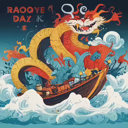 a poster of a dragon sailing a boat on top of waves