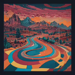 an orange, yellow and blue poster featuring winding roads with mountains in the background,an abstract image shows a winding road with mountains in the background