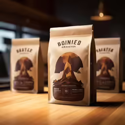 three bags of coffee sitting on top of a wooden table
