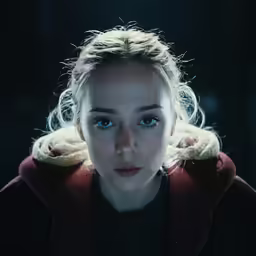 a woman is staring at the camera with blue eyes