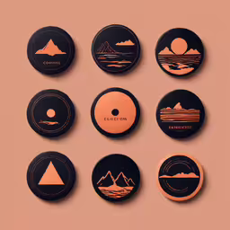 round badges with different designs on them,the six buttons have different designs and colors
