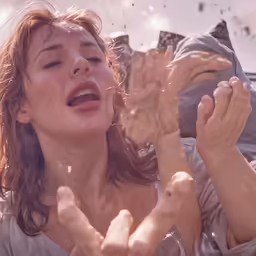 a woman is laying down while holding her hands together
