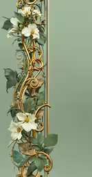 a brass trellis with flowers and vines, against a gray background