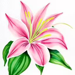 a drawing of a pink lily with green leaves