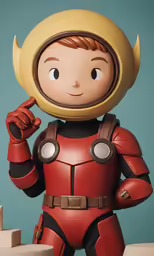 a small robot wearing red with a helmet