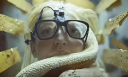 a woman with blonde hair and glasses wearing a snake skin wrapped around her face