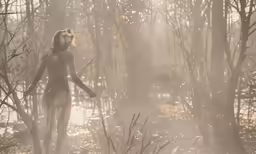 an artistic photo of a naked woman walking through a woods
