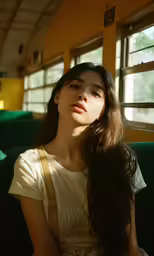 a girl wearing a dress sitting in front of a window