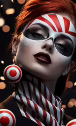 a woman with painted face and lips holding a red and white candy