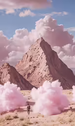 the man is walking toward some pink clouds