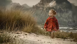 little girl walks on an icy beach with a mountain backdrop