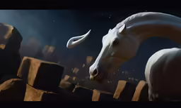 two horses facing each other with rocks and stones in the background
