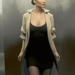 woman in black dress and beige coat standing in elevator