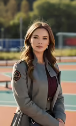 the woman is standing on the court with her purse