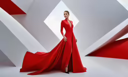 a woman in a long red dress stands near a large structure