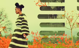 a woman wearing black and white clothing next to trees
