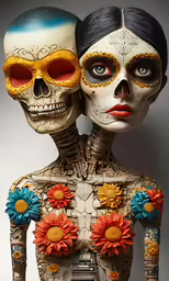a couple of skeleton statues dressed in skeleton makeup and headdress