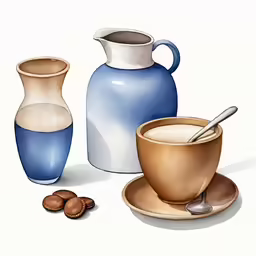 a painting of coffee in front of a pitcher and a cup