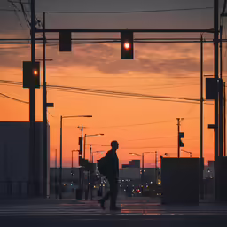 a person is crossing the street with some traffic lights