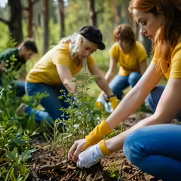 some people in the woods with gardening gloves