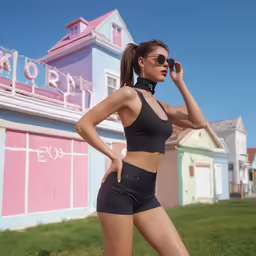 a woman in black top with sunglasses in front of buildings