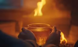 someone holding a cup of tea in front of fire