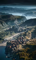 aerial view of a town nestled at the edge of a lake