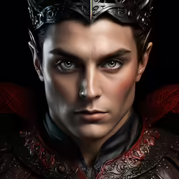 a close up of a man wearing a crown and armor