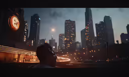 a man is sitting next to a clock with lights on
