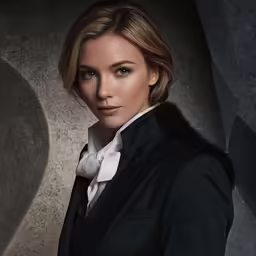 a woman in a black jacket is standing in front of a gray wall
