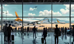a large crowd of people standing in front of large windows