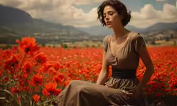 a woman sitting in the middle of a field filled with orange flowers