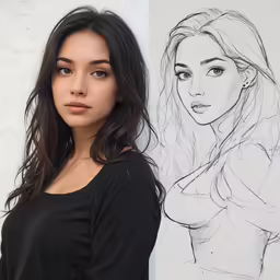 a woman stands next to a drawing on the wall