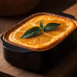 an orange in a dish with leaves on it