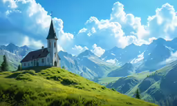 a picture of an old church on a grassy hillside
