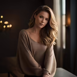 a young woman sitting at a table in front of candles