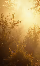 sunlight shining through a misty forest filled with green plants
